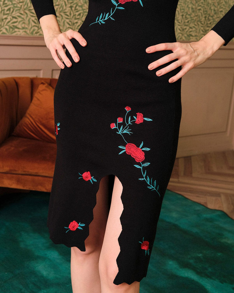 The Embroidered Side Slit Knit Midi Dress - RIHOAS