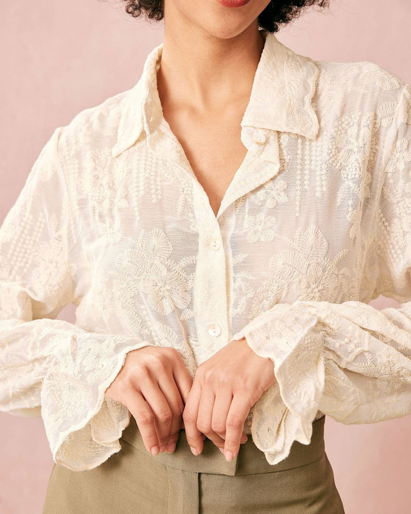 The Beige Floral  Embroidery Blouse Tops - RIHOAS