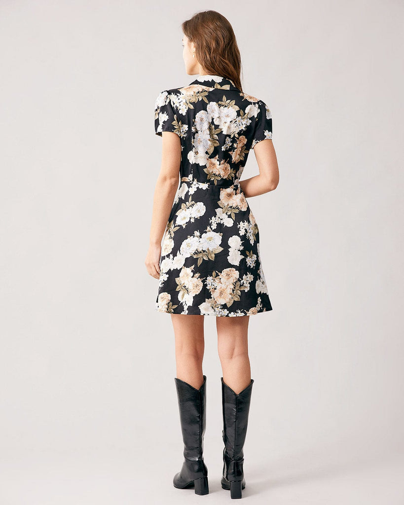 The Black Floral Single-breasted Mini Dress Dresses - RIHOAS