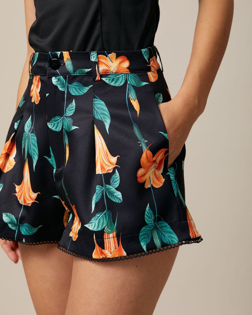 The Black High Waisted Floral Scalloped Shorts Bottoms - RIHOAS