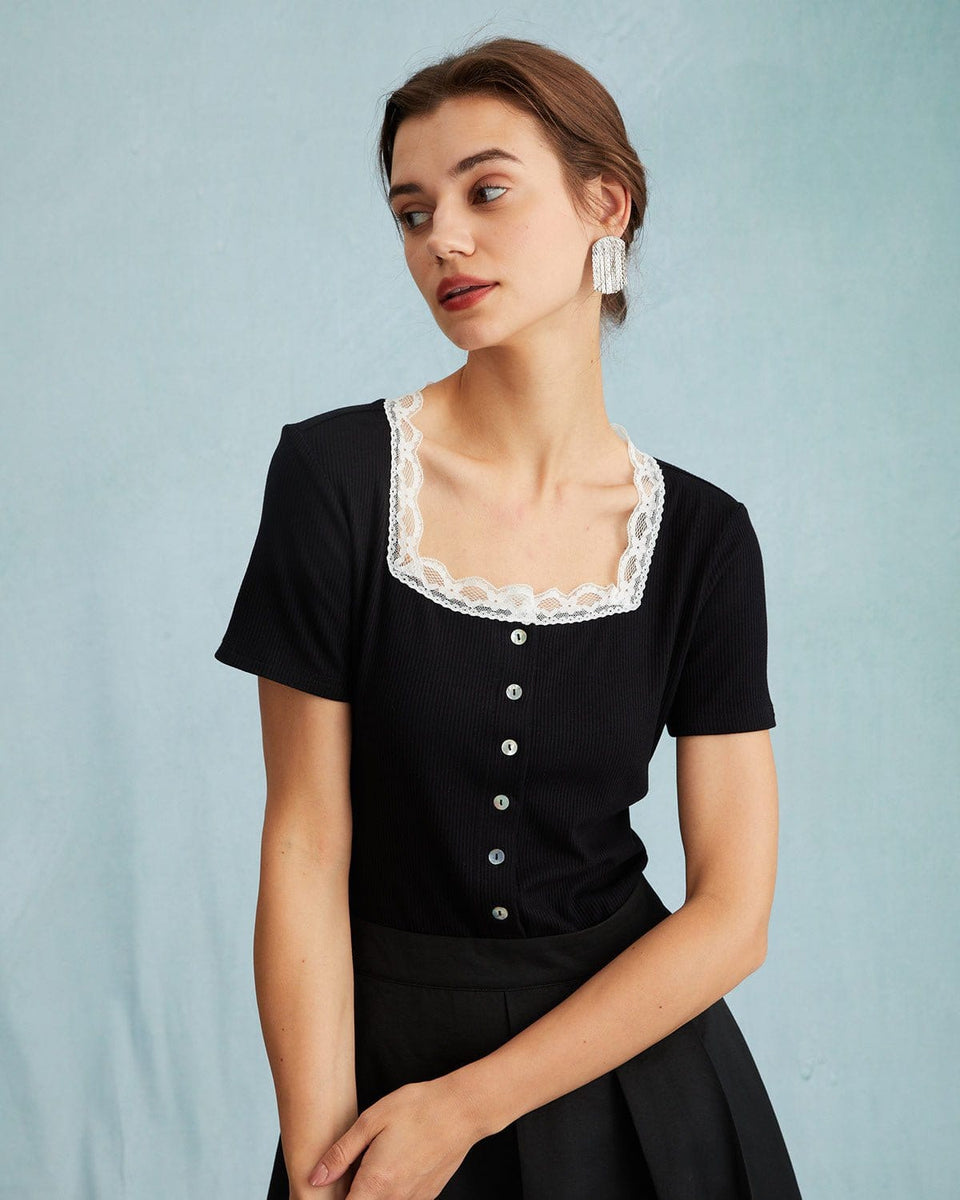 The Black Square Neck Ribbed Lace Trim Knit Tee & Reviews