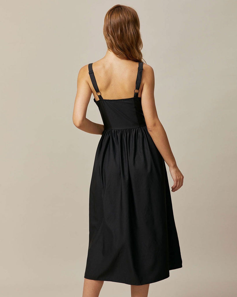 The Black Square Neck Lace Midi Dress Dresses - RIHOAS