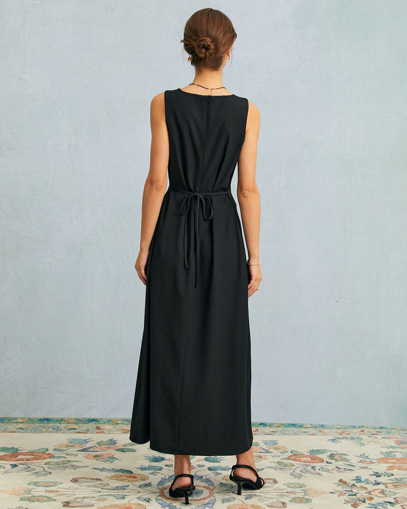 The Black U Neck Tie Back Maxi Dress Dresses - RIHOAS