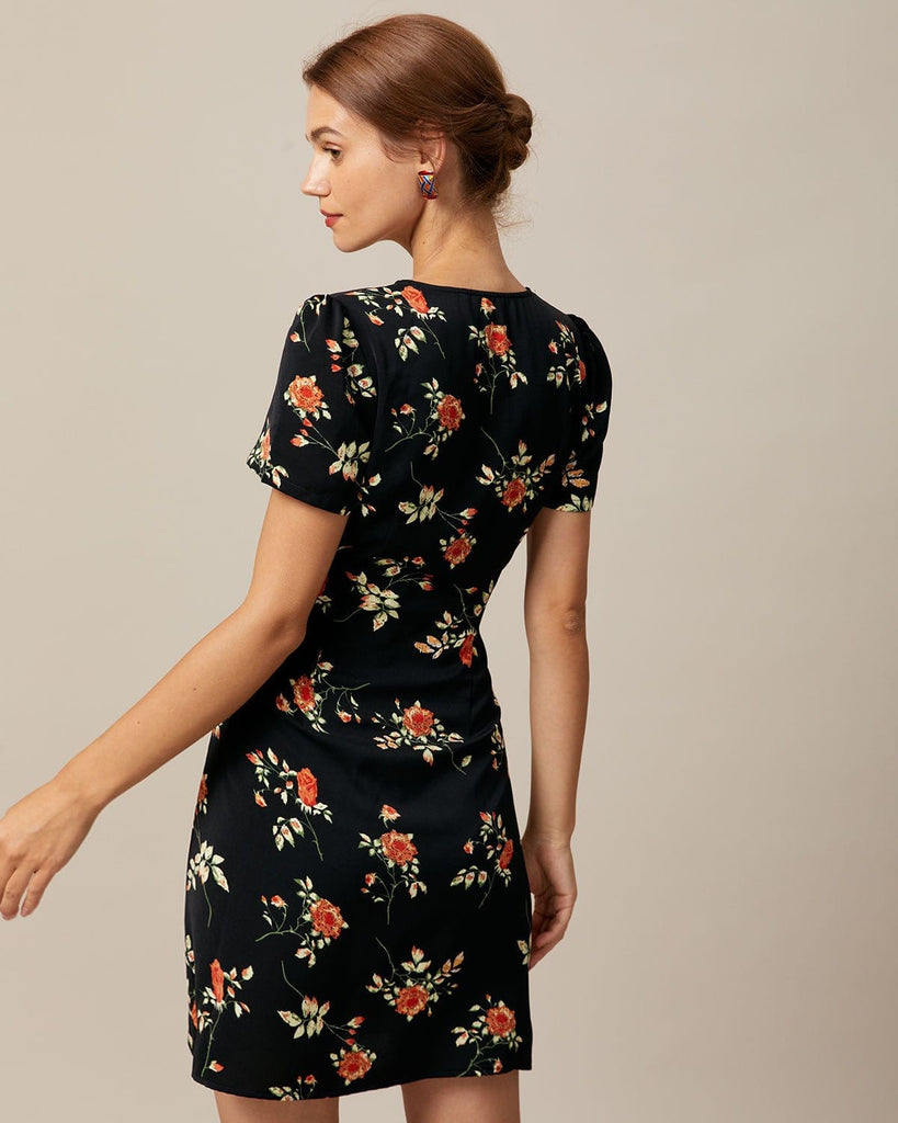 The Black V-Neck Floral Mini Dress Dresses - RIHOAS