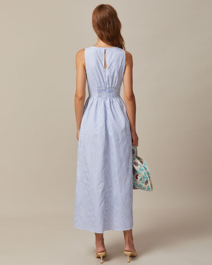 The Blue V-Neck Sleeveless Striped Maxi Dress Dresses - RIHOAS