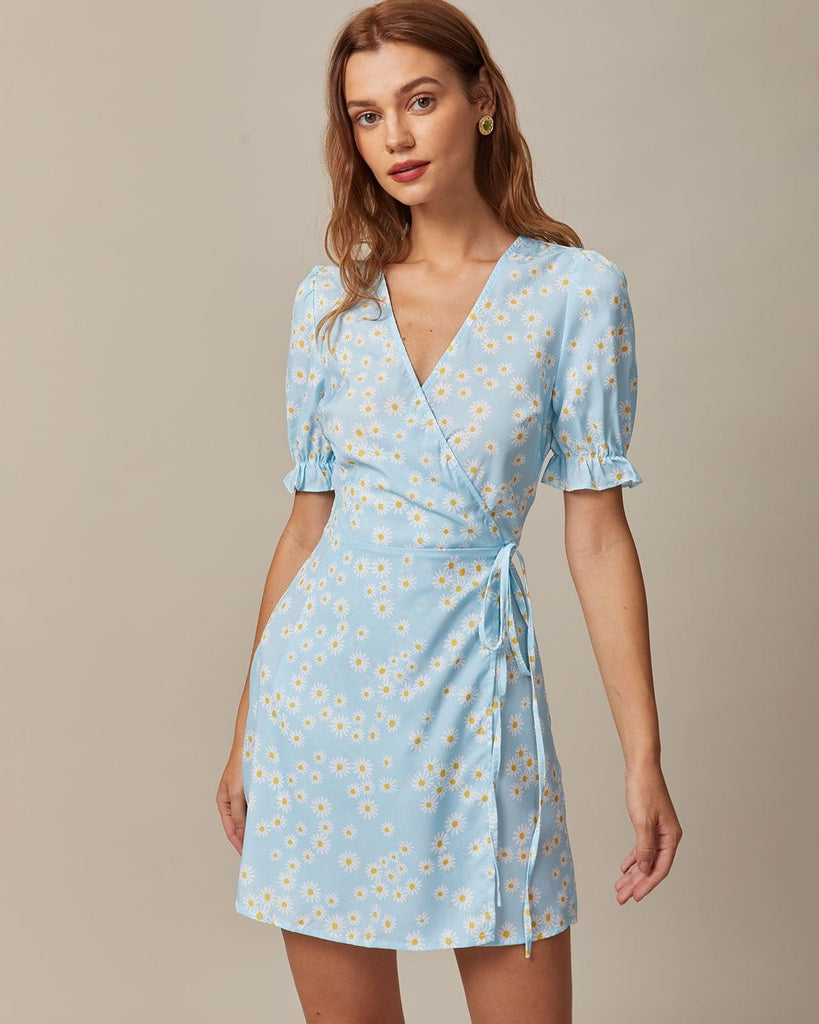The Blue Wrap Daisy Mini Dress Dresses - RIHOAS