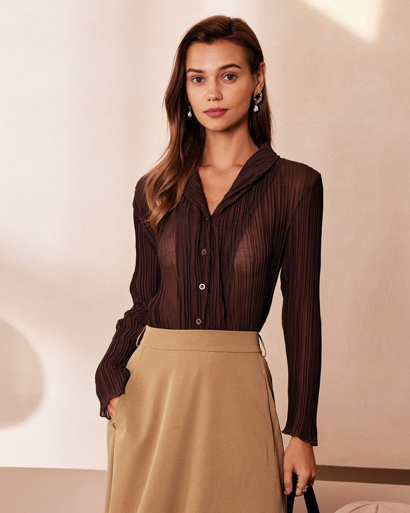The Brown Collared Pleated Shirt Tops - RIHOAS