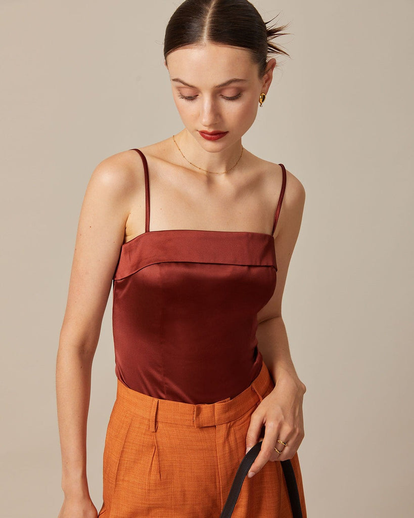 The Brown Satin Solid Cami Top Tops - RIHOAS