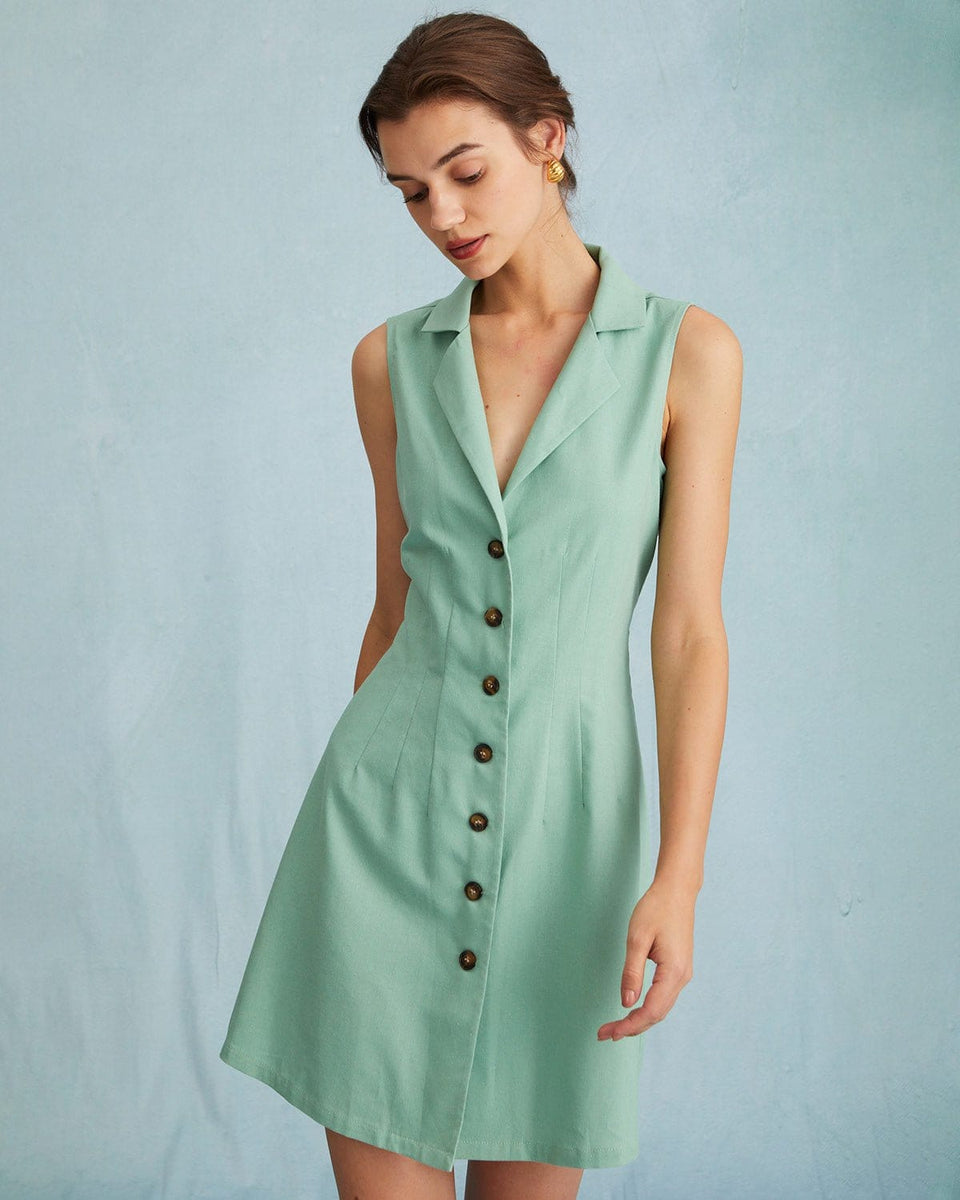 The Green Lapel Button-up Sleeveless Mini Dress & Reviews - Green - Dresses | RIHOAS