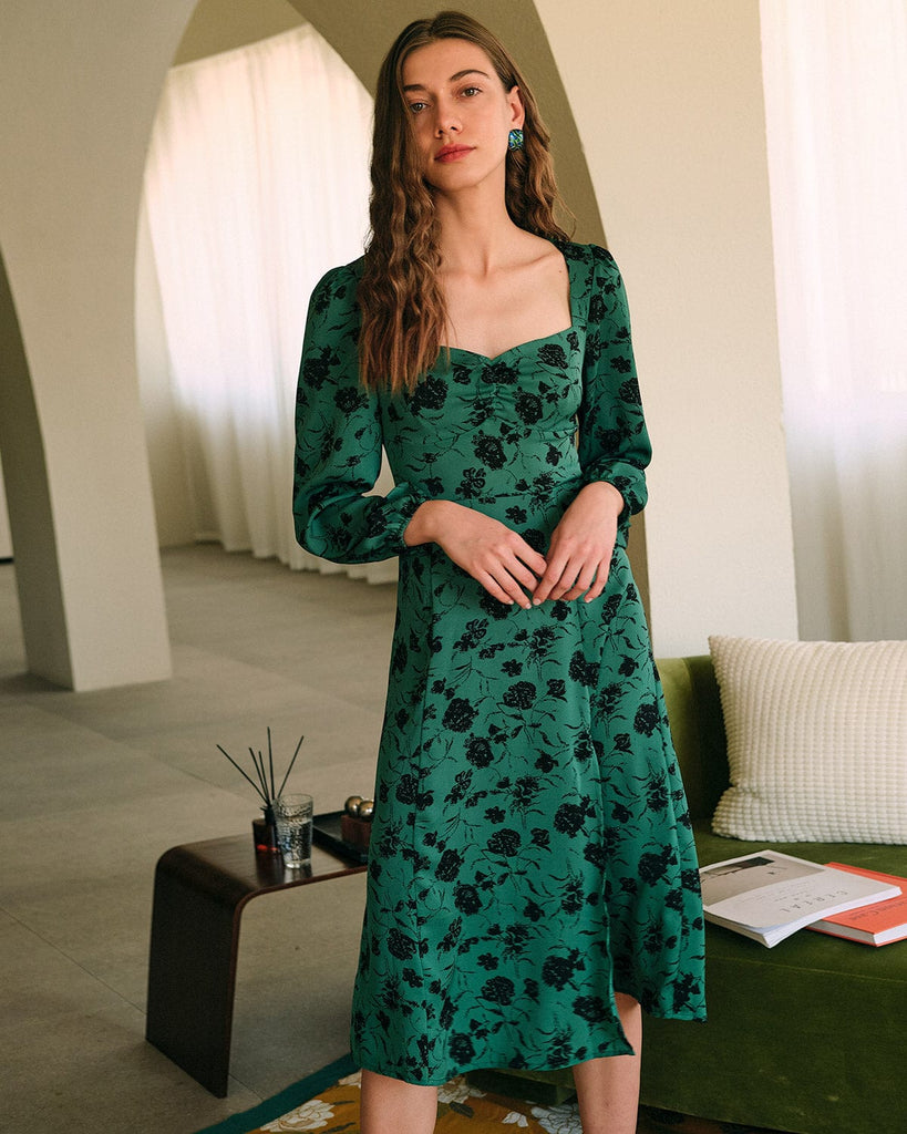 The Floral Lantern Sleeve Midi Dress Green Dresses - RIHOAS