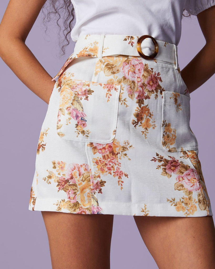 The Floral Print Belted Mini Skirt Beige Bottoms - RIHOAS