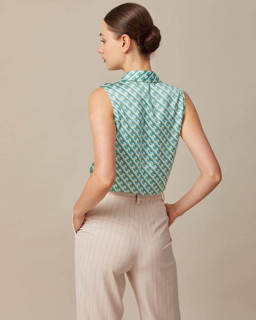 The Green Collared Geometric Print Vest Tops - RIHOAS