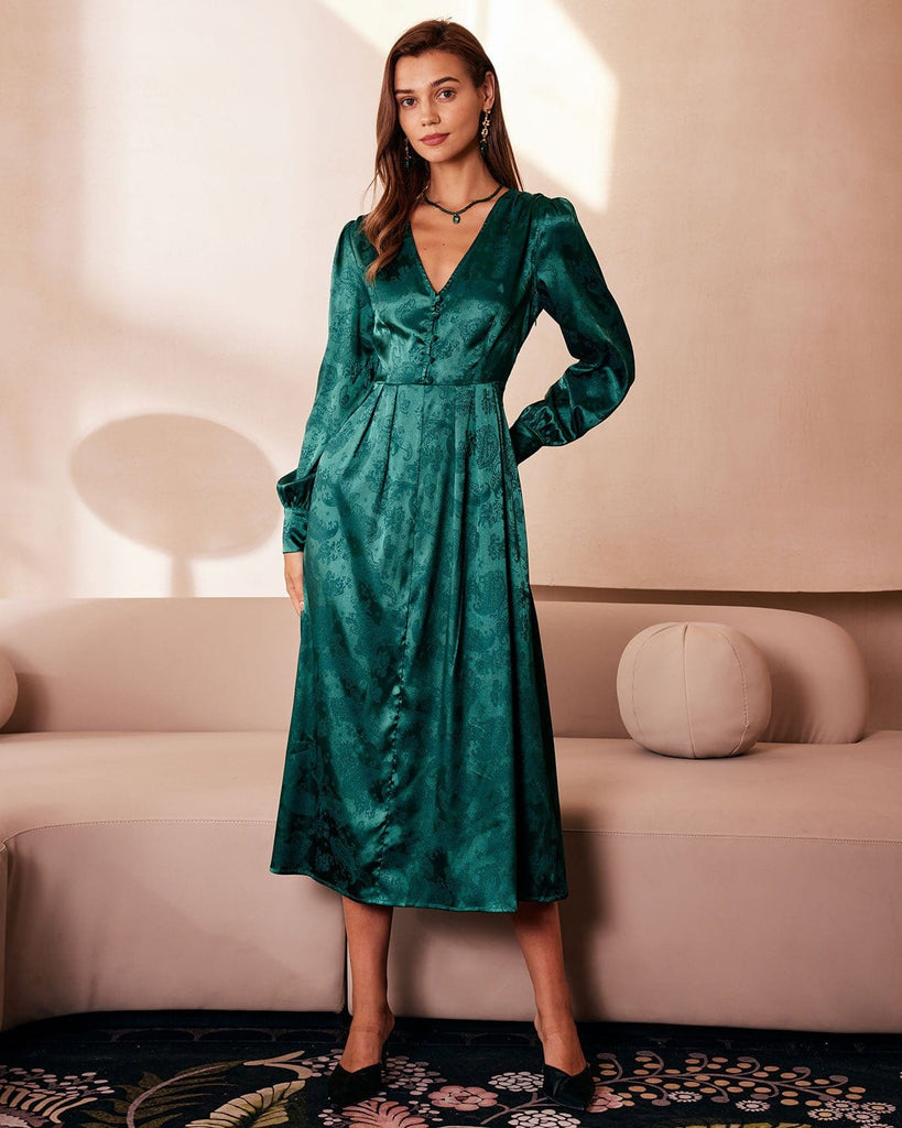 The Green Jacquard Long Sleeve Midi Dress Green Dresses - RIHOAS