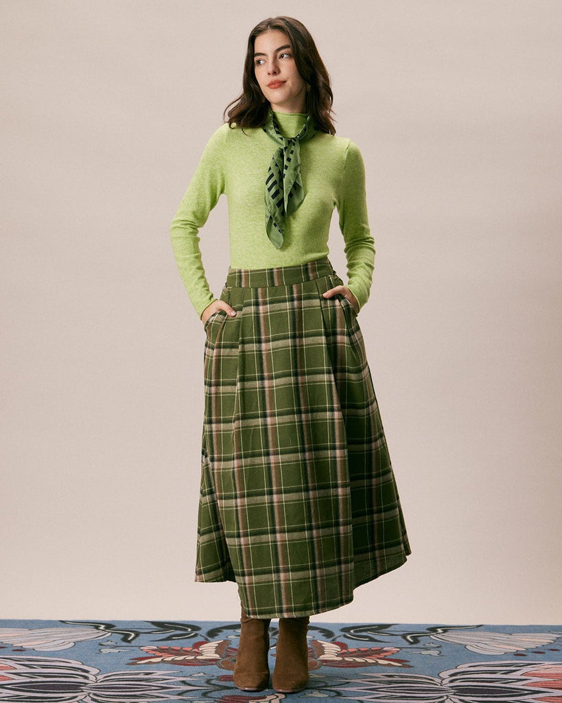 The Green Plaid Pleated Midi Skirt Bottoms - RIHOAS