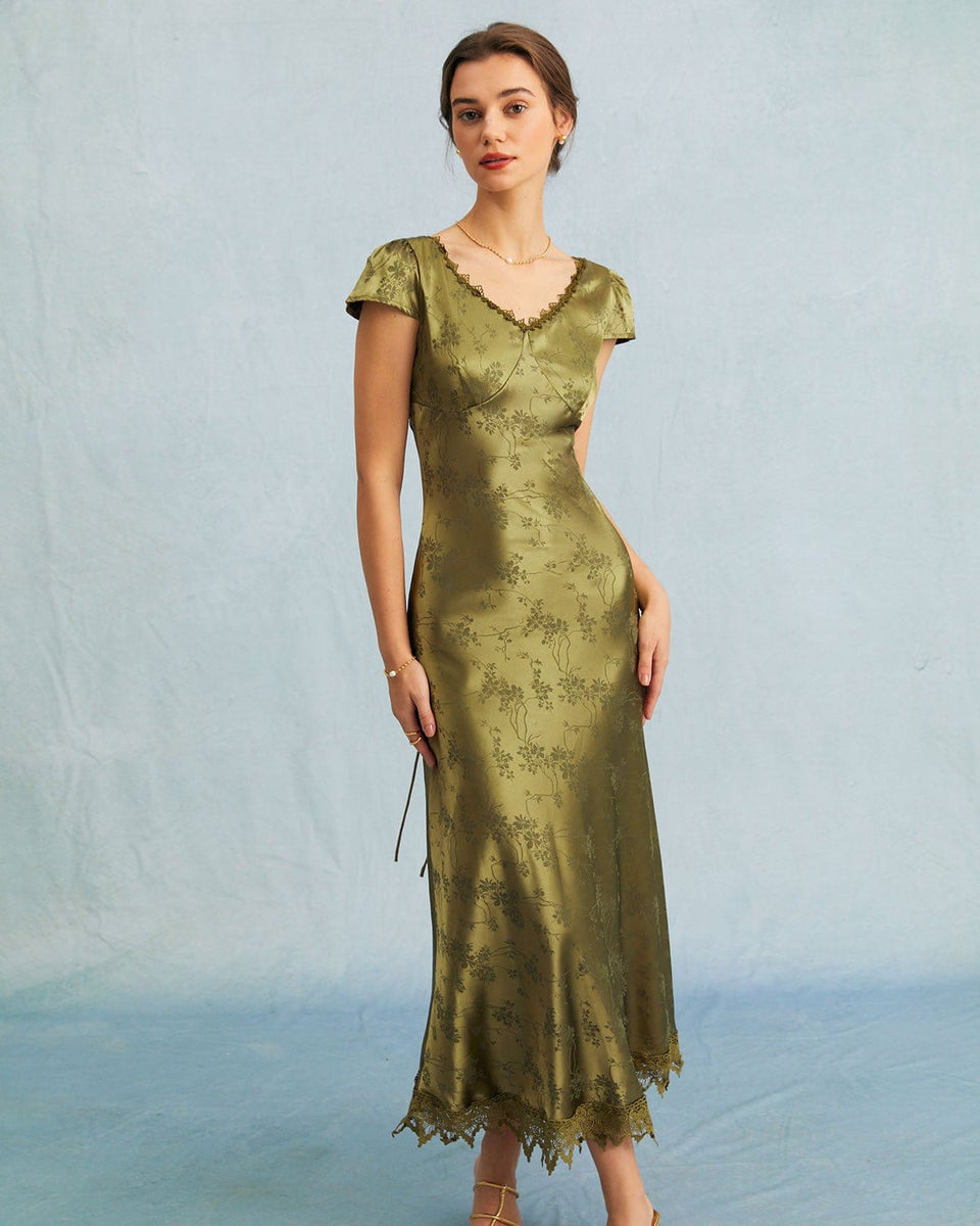 The Green Jacquard Cap Sleeve Satin Midi Dress - Satin Floral Green Midi Dress With Sleeves - Green - Dresses | RIHOAS