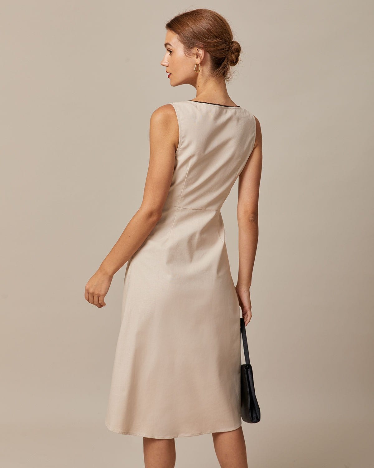 The Khaki Round Neck A-line Midi Dress Dresses - RIHOAS