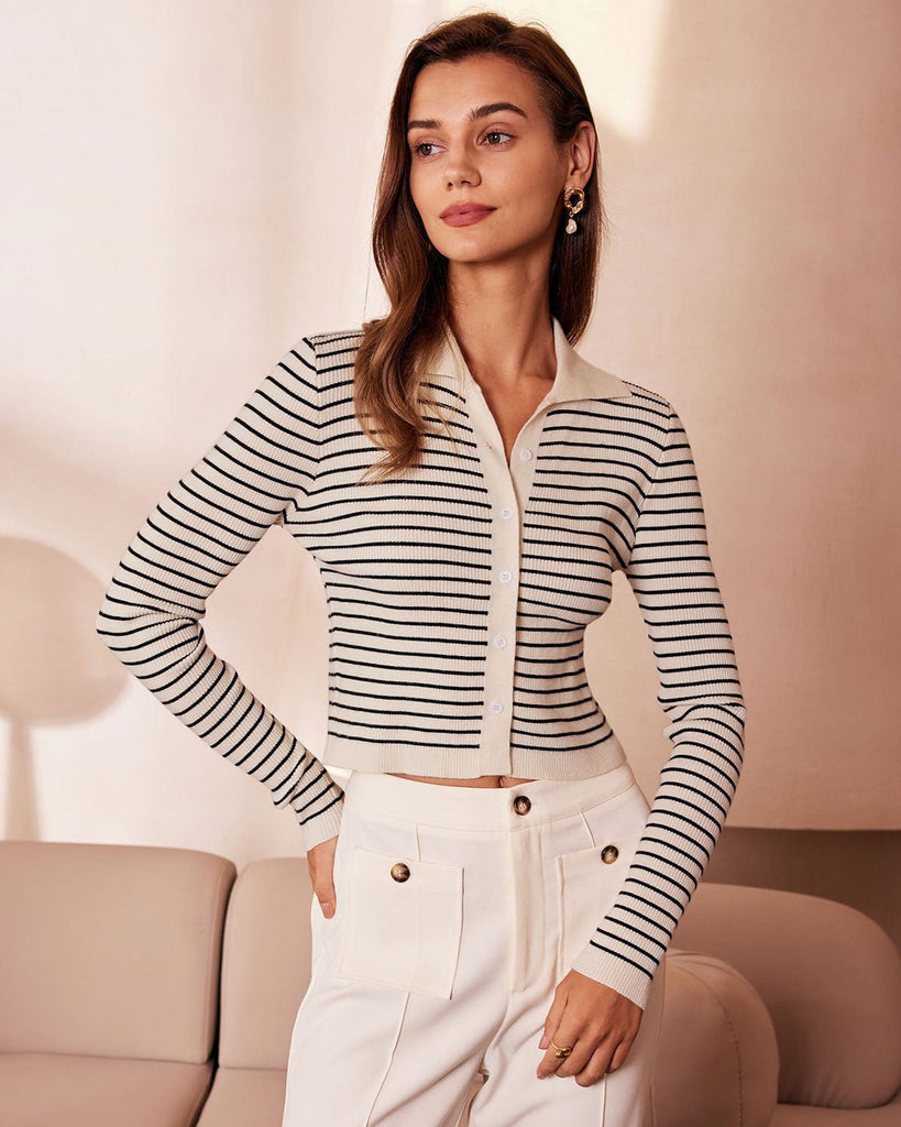 The Lapel Button Up Striped Cardigan White Tops - RIHOAS