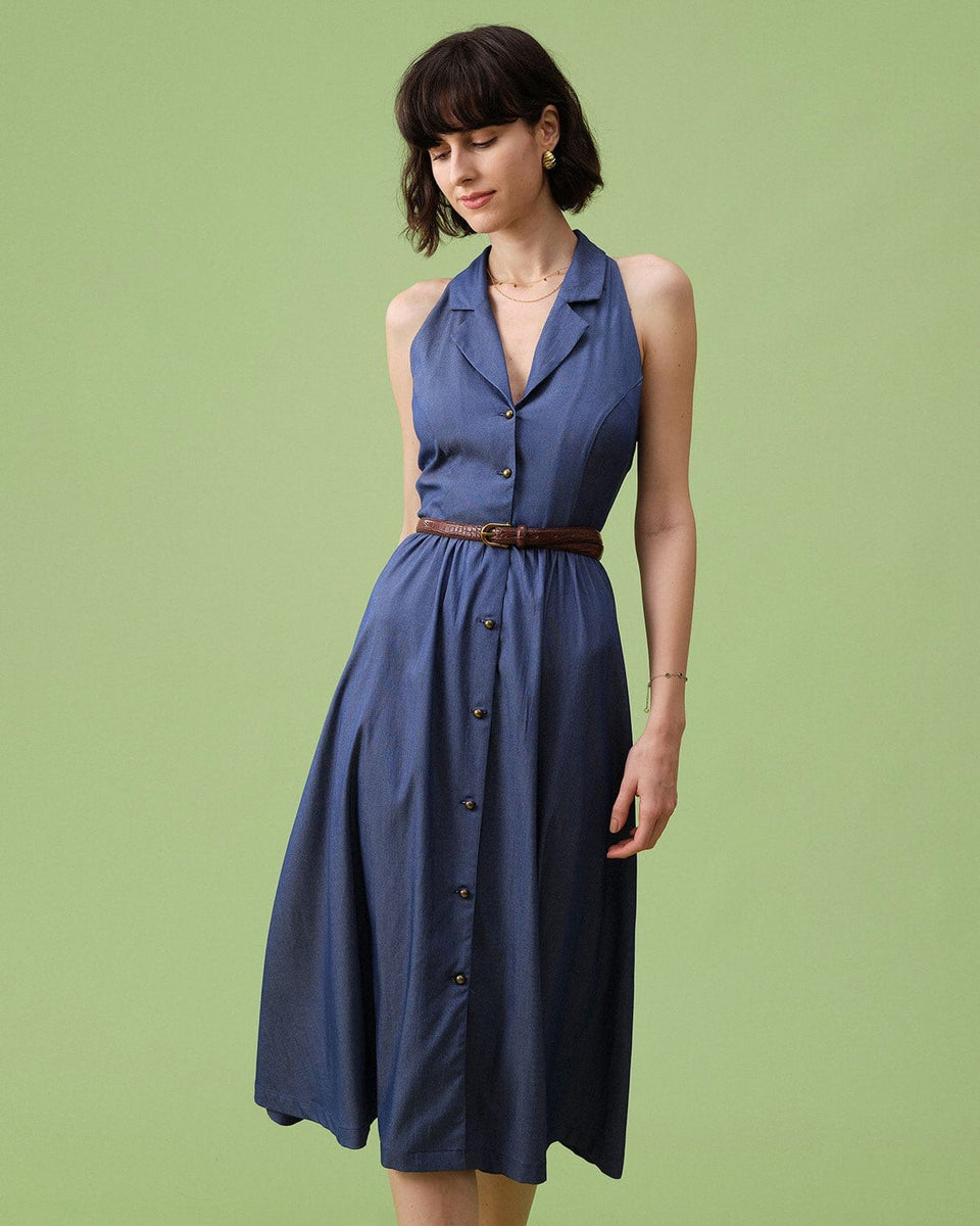 Lapel Ruched Tie-waist Denim Dress