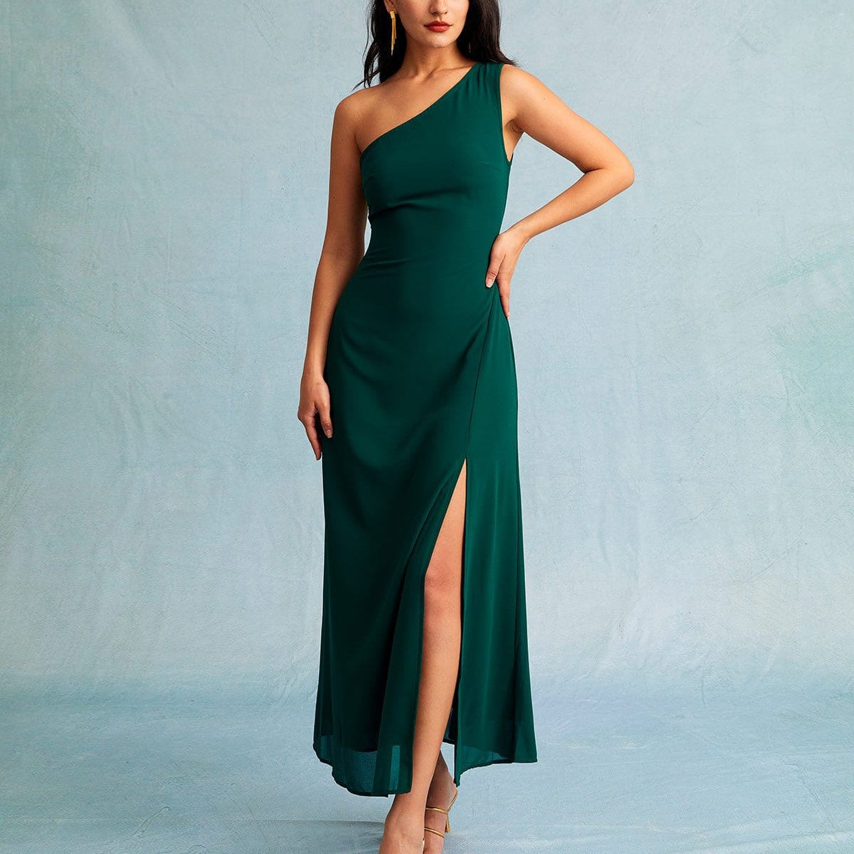 green dress one sleeve Elizabeth Lime Green One-Shoulder Bell Sleeve Maxi Dress