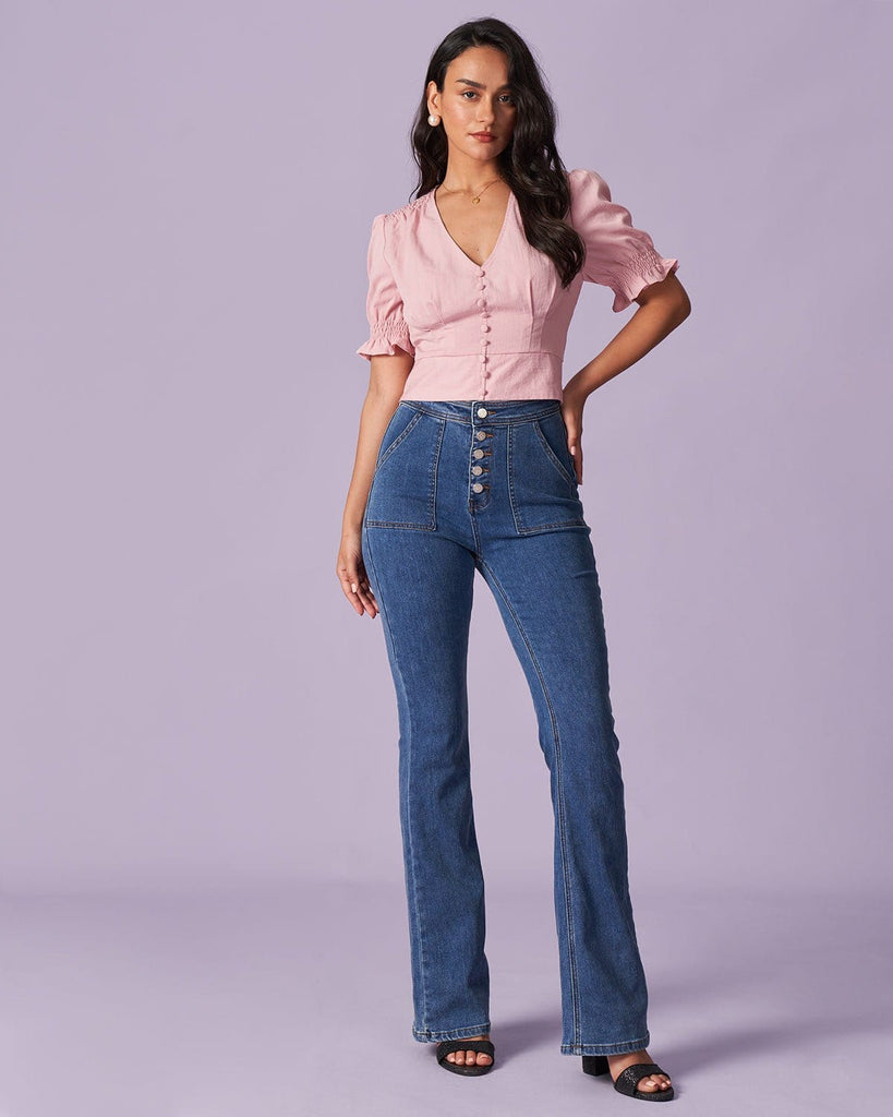 The Pink V-Neck Puff Sleeve Blouse Tops - RIHOAS