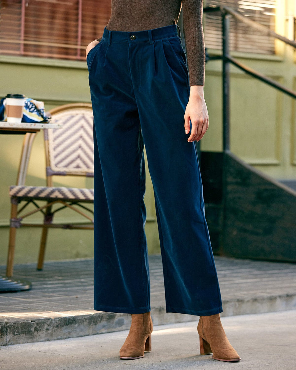 The Pleated Wide Leg Pants - High Waisted Wide Leg Pleated Belted Casual  Pants - Navy - Bottoms | RIHOAS