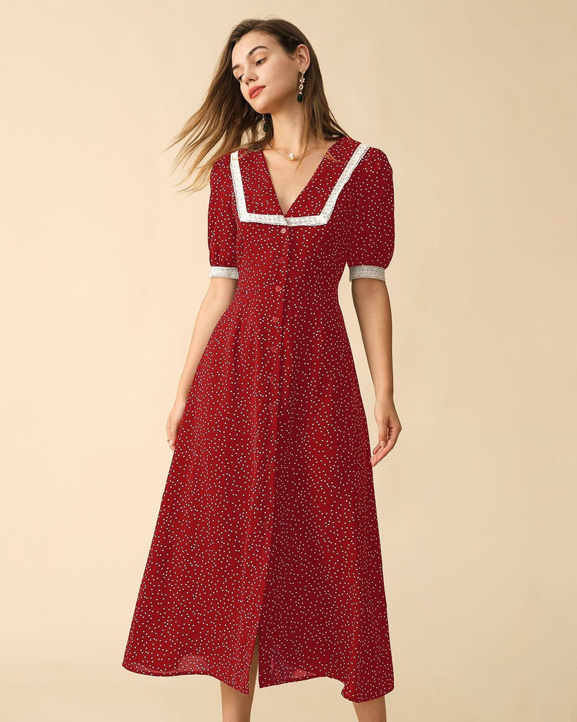 The Polka Dot Lace Trim Midi Dress Red Dresses - RIHOAS