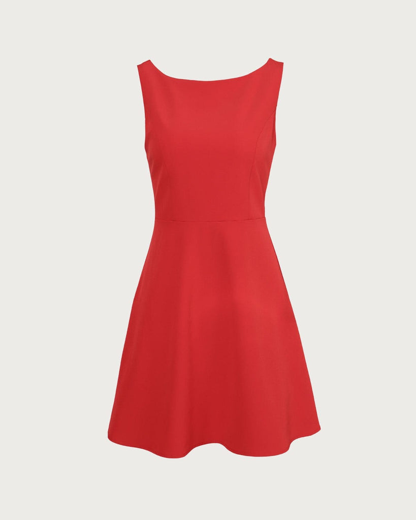 The Red Boat Neck Solid Mini Dress Red Dresses - RIHOAS