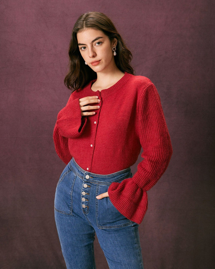 The Red Butterfly Sleeve Cardigan Red Tops - RIHOAS