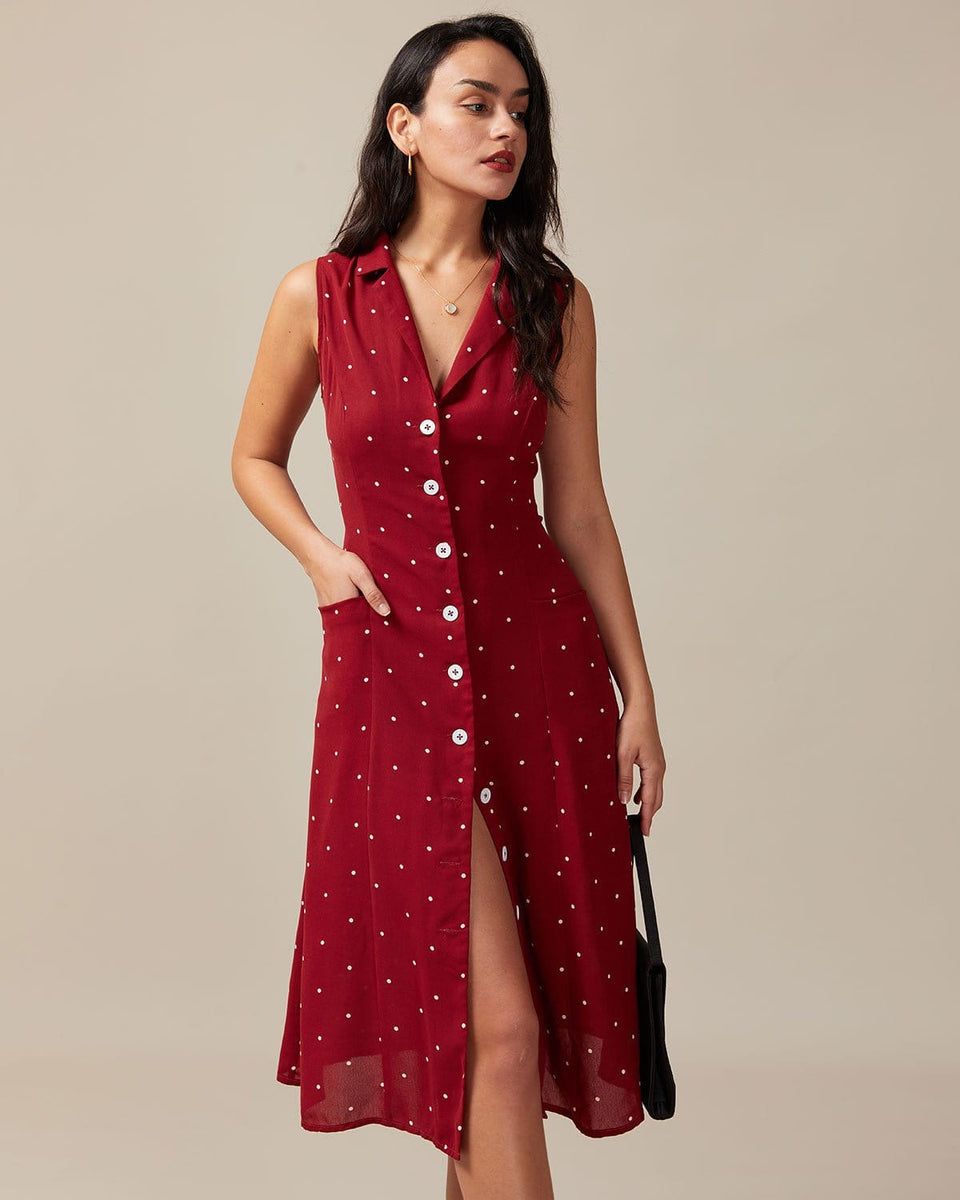 The Red V Neck Polka Dot Tie Back Midi Dress Women s Red Polka Dot Button Up Print Midi Dress Red Dresses RIHOAS