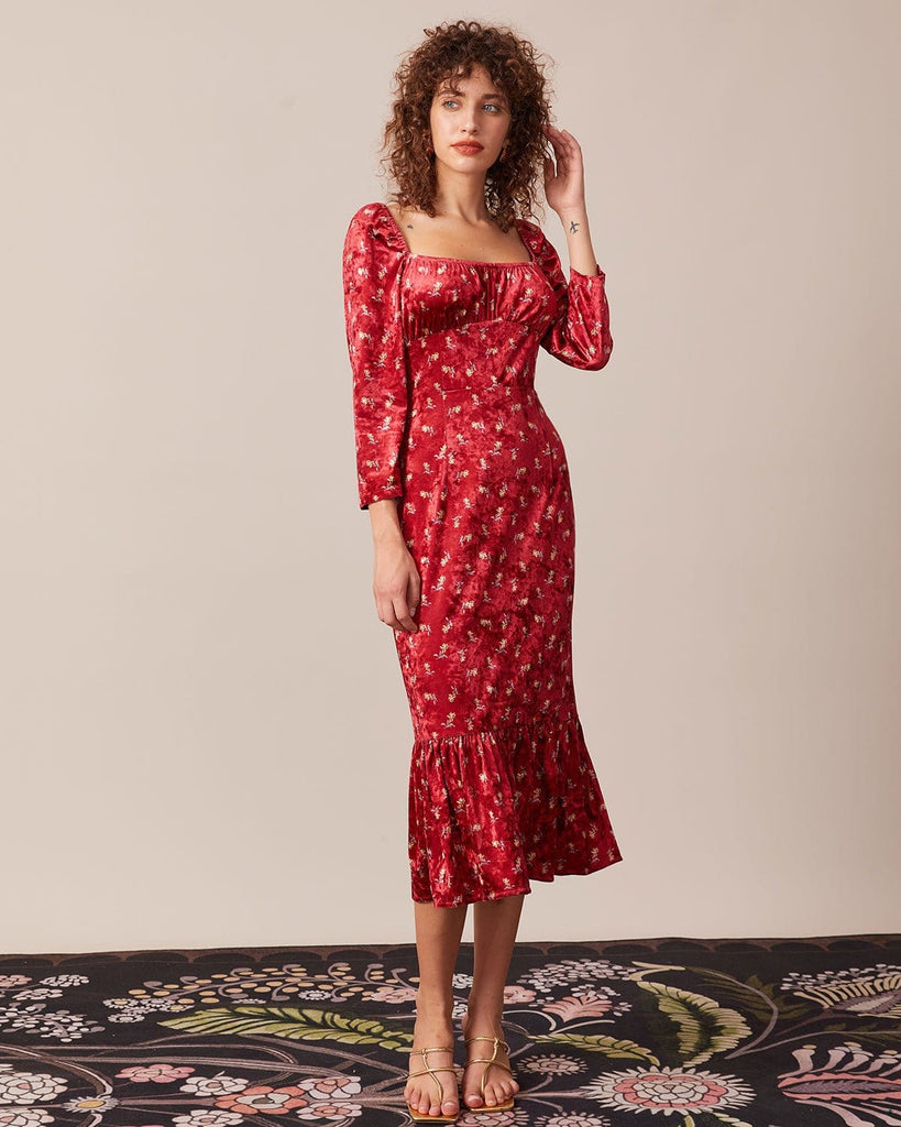 The Red Square Neck Velvet Midi Dress Dresses - RIHOAS