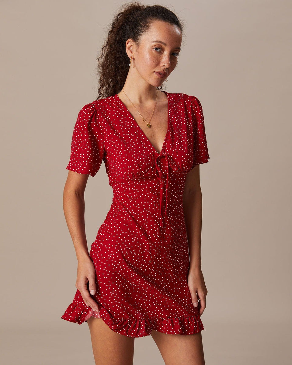 The Red V Neck Polka Dot Flounce Mini Dress & Reviews - Red