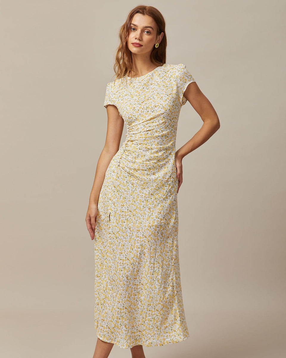 The Yellow Round Neck Floral Midi Dress & Reviews - Yellow - Dresses | RIHOAS