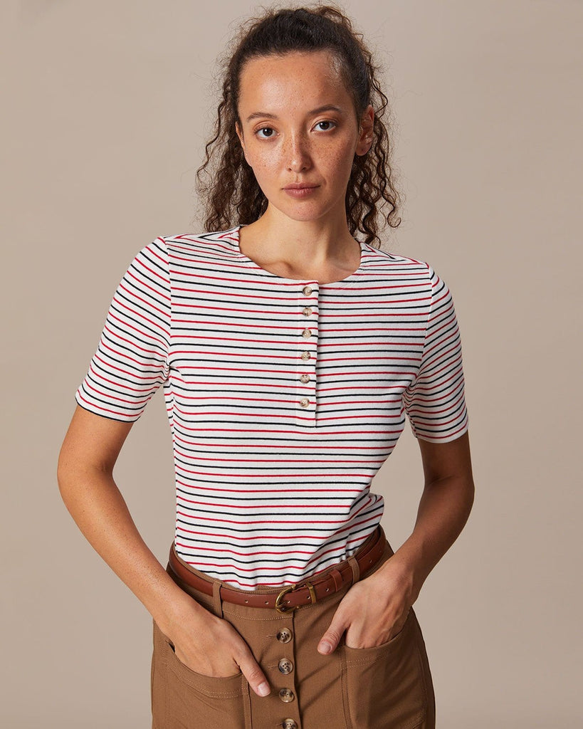 The Round Neck Striped Tee Red Tops - RIHOAS