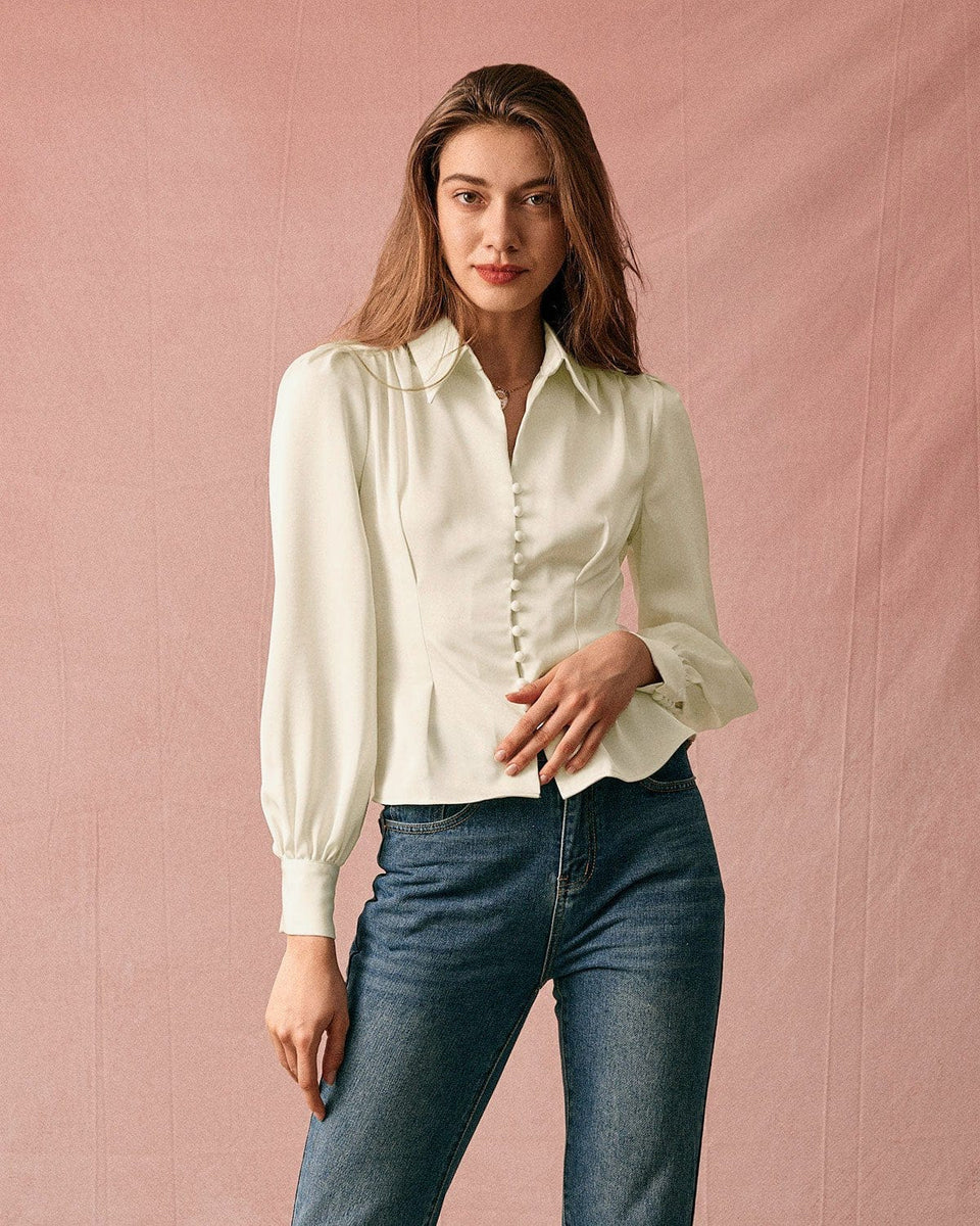 The Solid Collared Puff Sleeve Satin Blouse - Satin Puff Long Sleeve Button Front Crop Top - Beige - Tops | RIHOAS