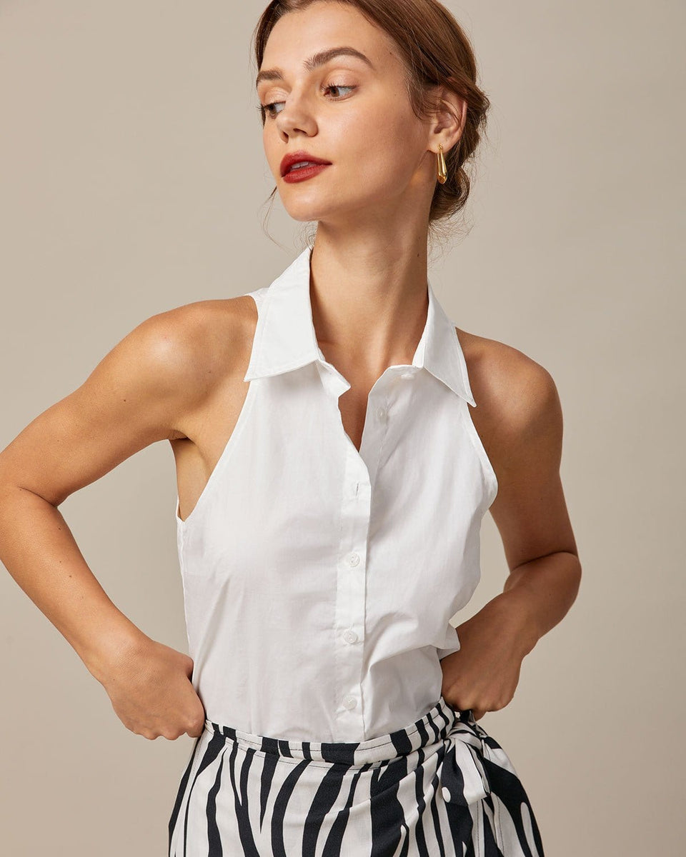 The White Collared Button Up Sleeveless Shirt - Women's White Sleeveless  Collared Shirt Dress - White - Tops | RIHOAS