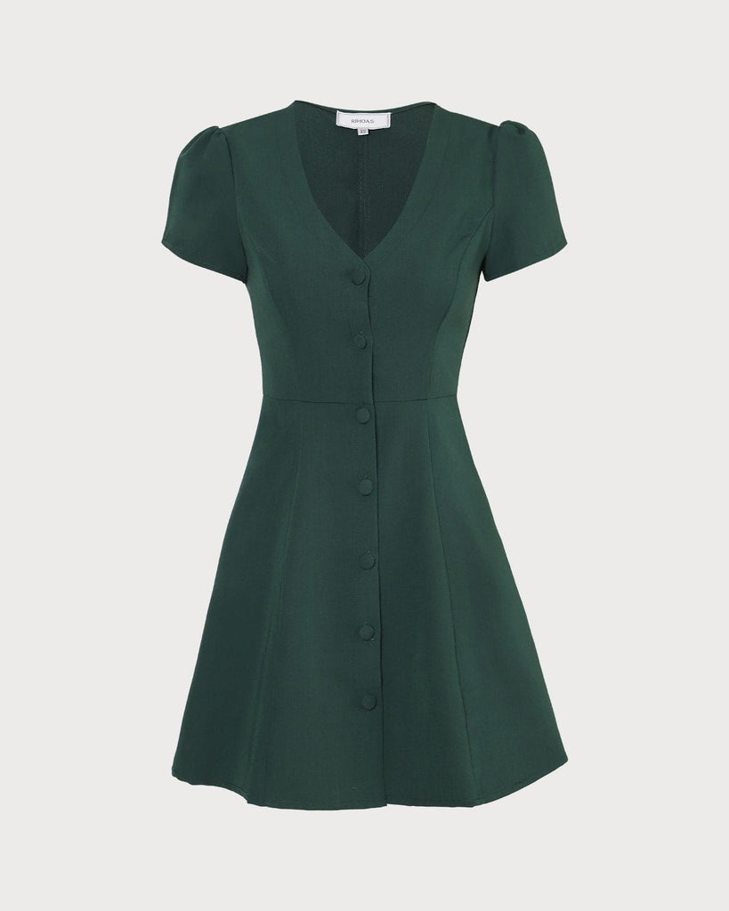 The Solid V-Neck Shirt Dress Dark Green Dresses - RIHOAS
