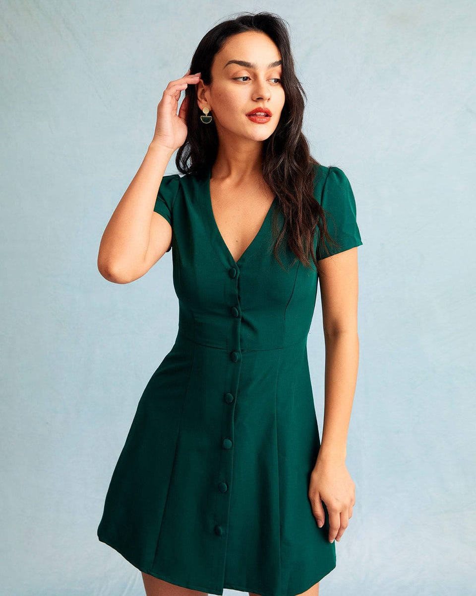 The Dark Green V Neck Button-up Shirt Mini Dress - V Neck, Short Sleeve A Line Dresses - Dark Green,Black,Pink - Dresses | RIHOAS The Dark Green V Neck Button-up Shirt Mini Dress - V Neck, Short Sleeve A Line Dresses - Dark Green,Black,Pink - Dresses | RIHOAS