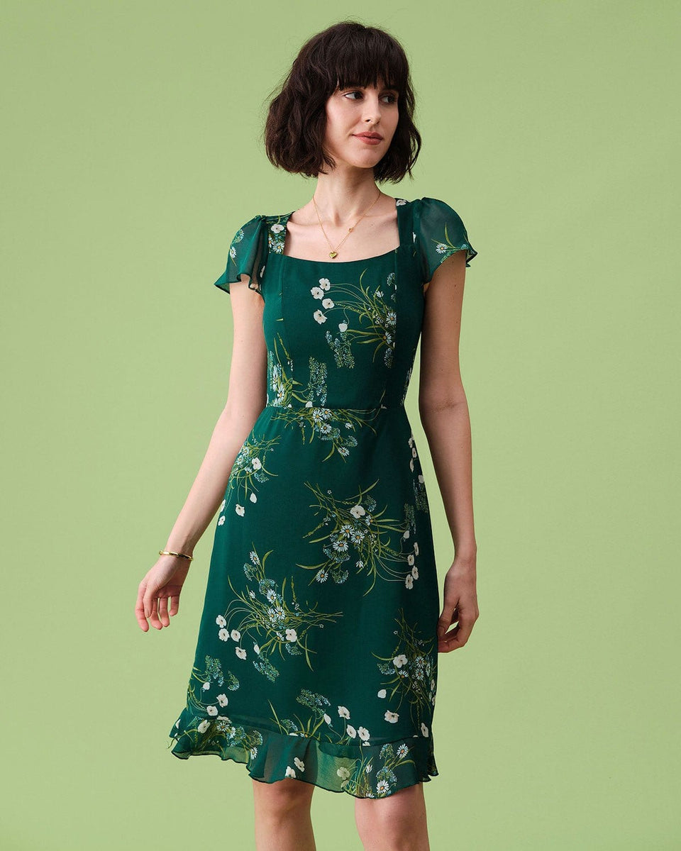 The Square Neck Backless Floral Midi Dress Reviews Green Dresses  RIHOAS