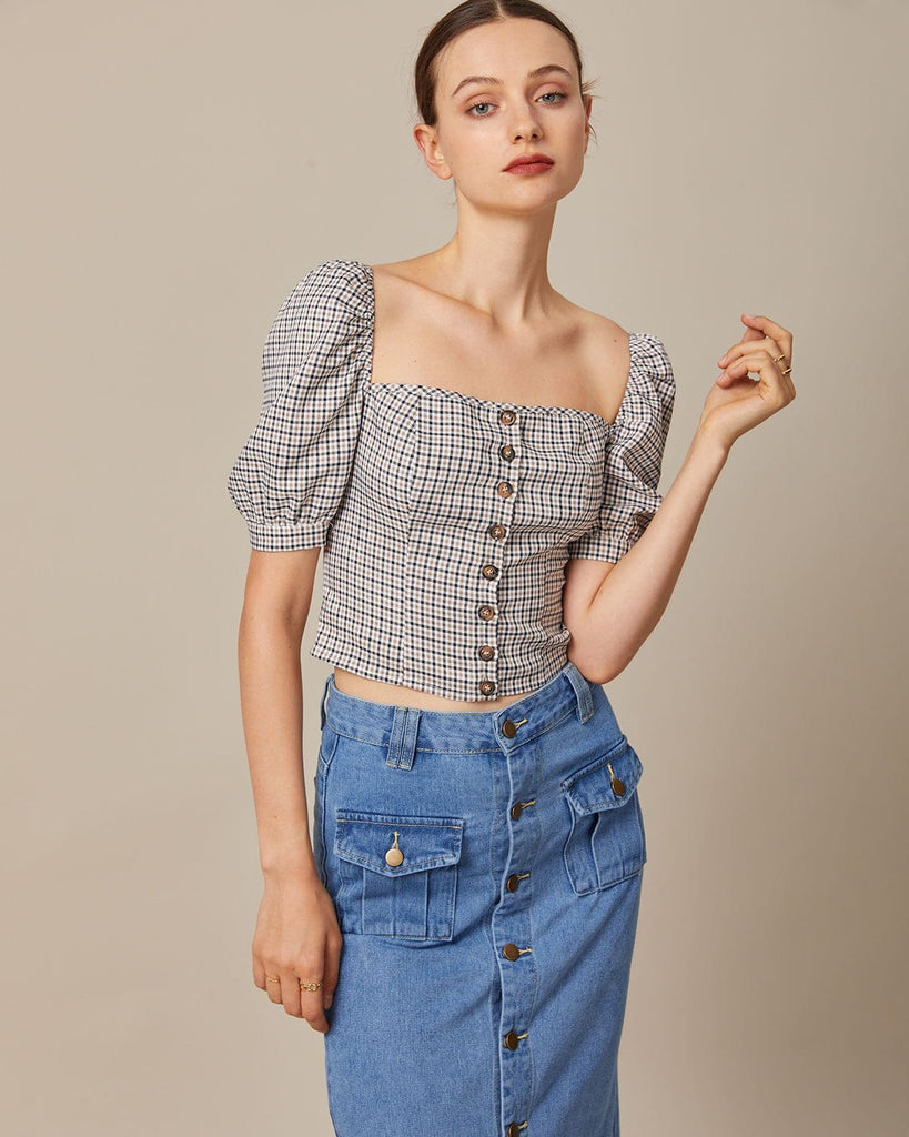 The Square Neck Plaid Blouse Brown Tops - RIHOAS