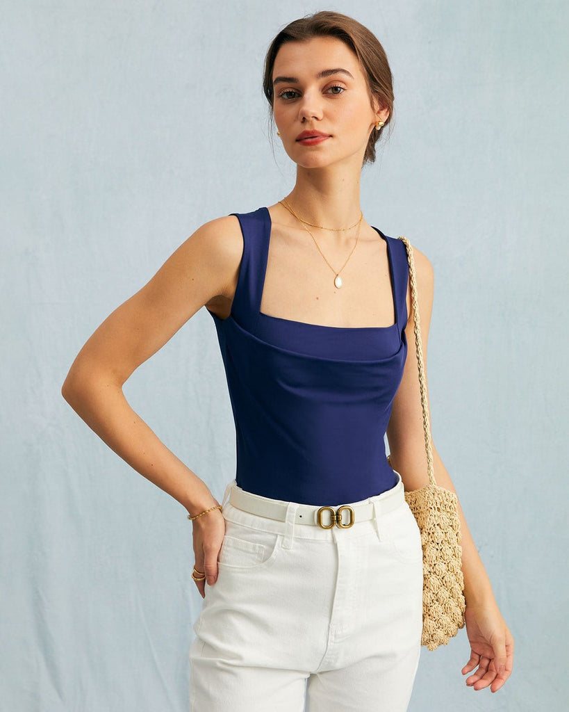 The Square Neck Ruched Tank Top Navy Tops - RIHOAS
