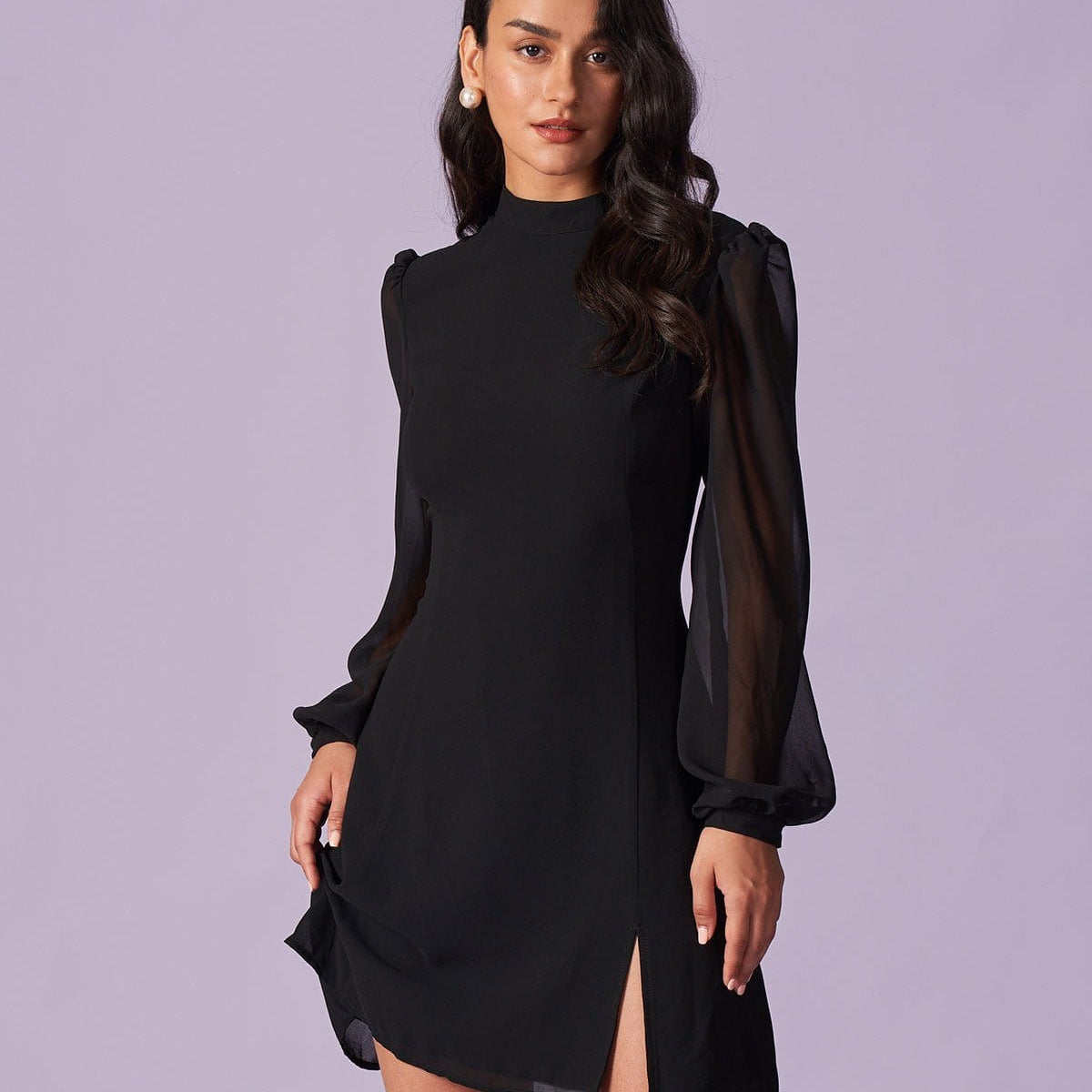 Rihoas Mock Neck Long Sheer Sleeve Solid Chiffon Slit Slim Fit A Line Mini Dress, Black / XS