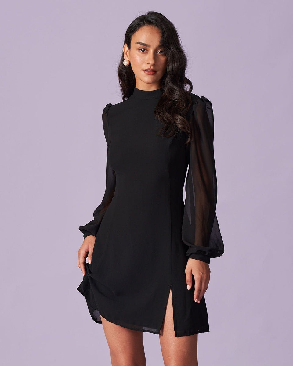 The Black Stand Collar Sheer Slit Mini Dress - Slit Long Sleeve Sheer A line Mini Dress - Black - Dresses | RIHOAS The Black Stand Collar Sheer Slit Mini Dress - Slit Long Sleeve Sheer A line Mini Dress - Black - Dresses | RIHOAS