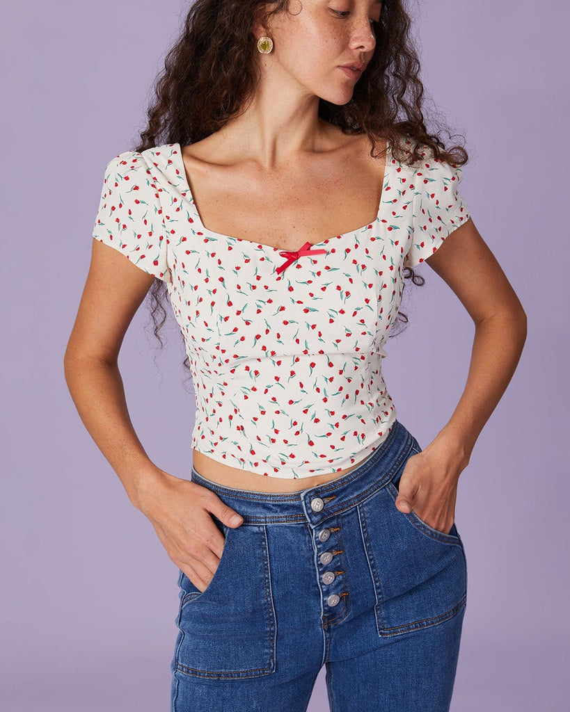 The Sweetheart Neck Floral Short Sleeve Blouse Tops - RIHOAS