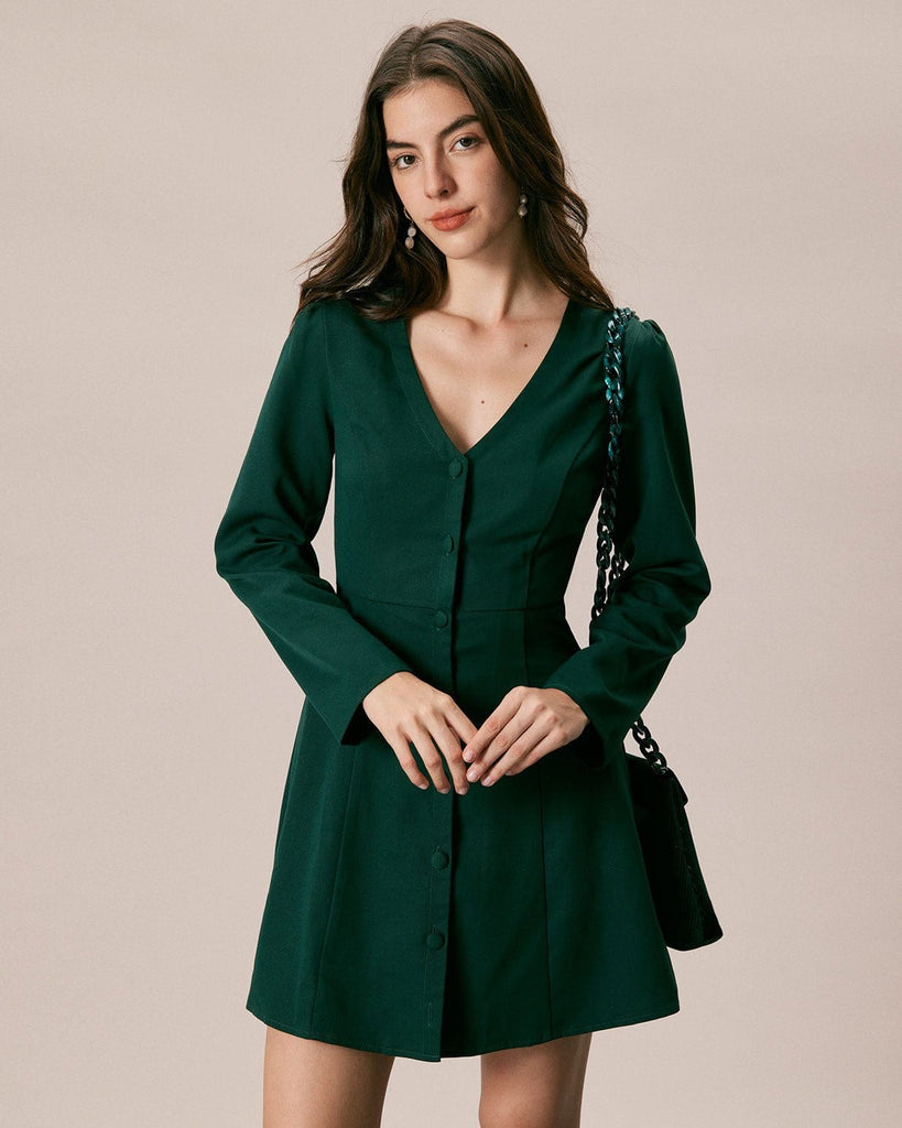 The V-Neck Long Sleeve Shirt Dress Green Dresses - RIHOAS
