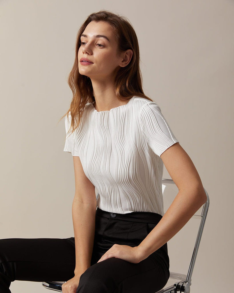 The White Boat Neck Wave Textured Tee Tops - RIHOAS