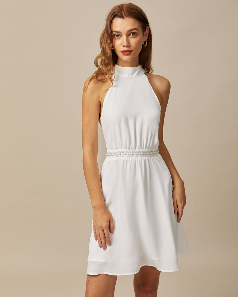 The White Halter Pearl Mini Dress White Dresses - RIHOAS