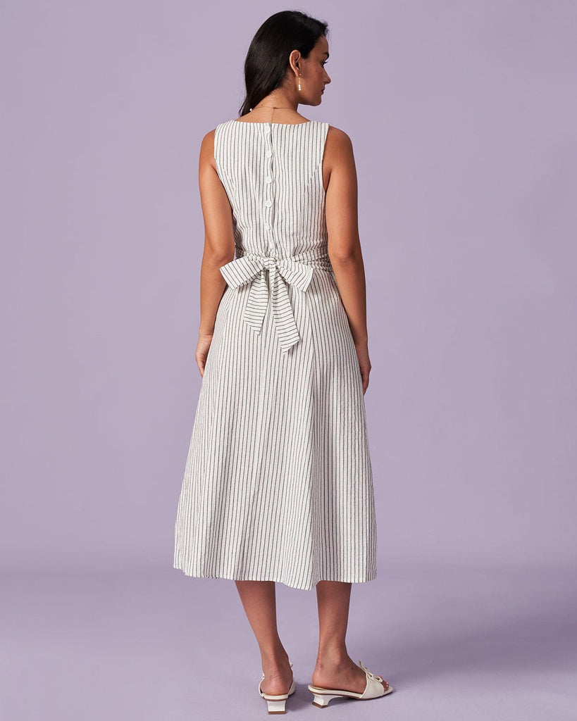 The White Striped Button Midi Dress Dresses - RIHOAS