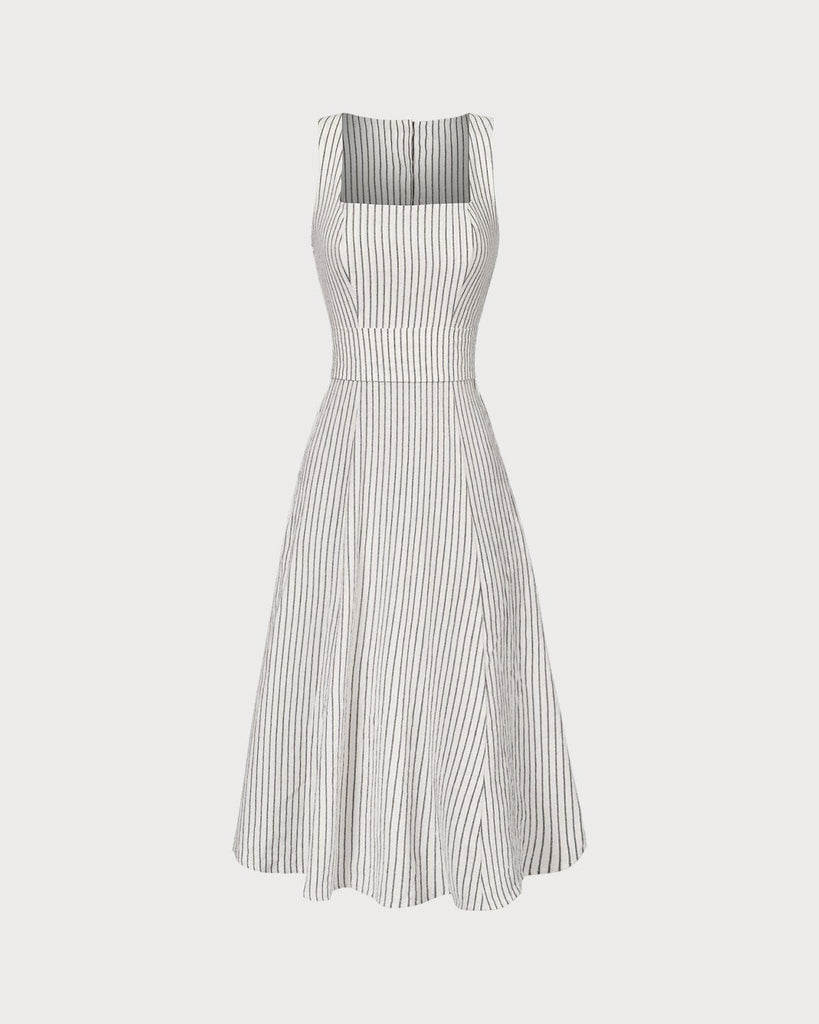 The White Striped Button Midi Dress White Dresses - RIHOAS