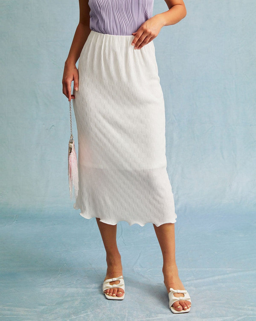 The White Wave Hem Midi Skirt White Bottoms - RIHOAS
