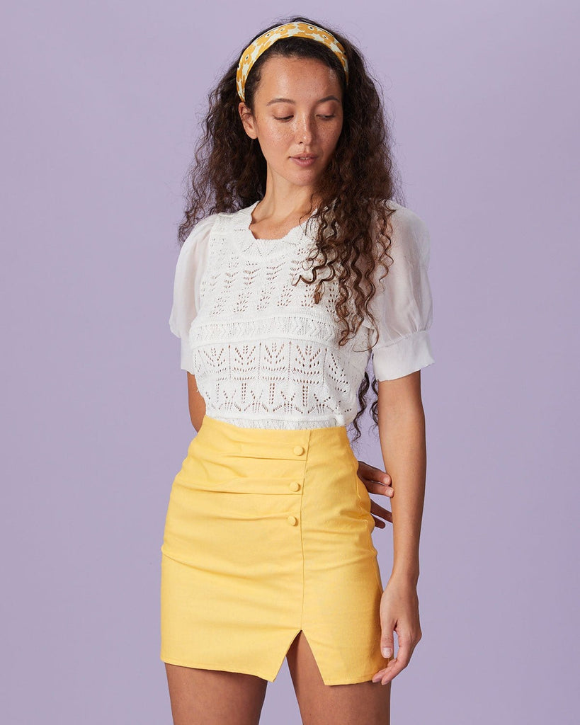 The Yellow Ruched Slit Mini Skirt Bottoms - RIHOAS